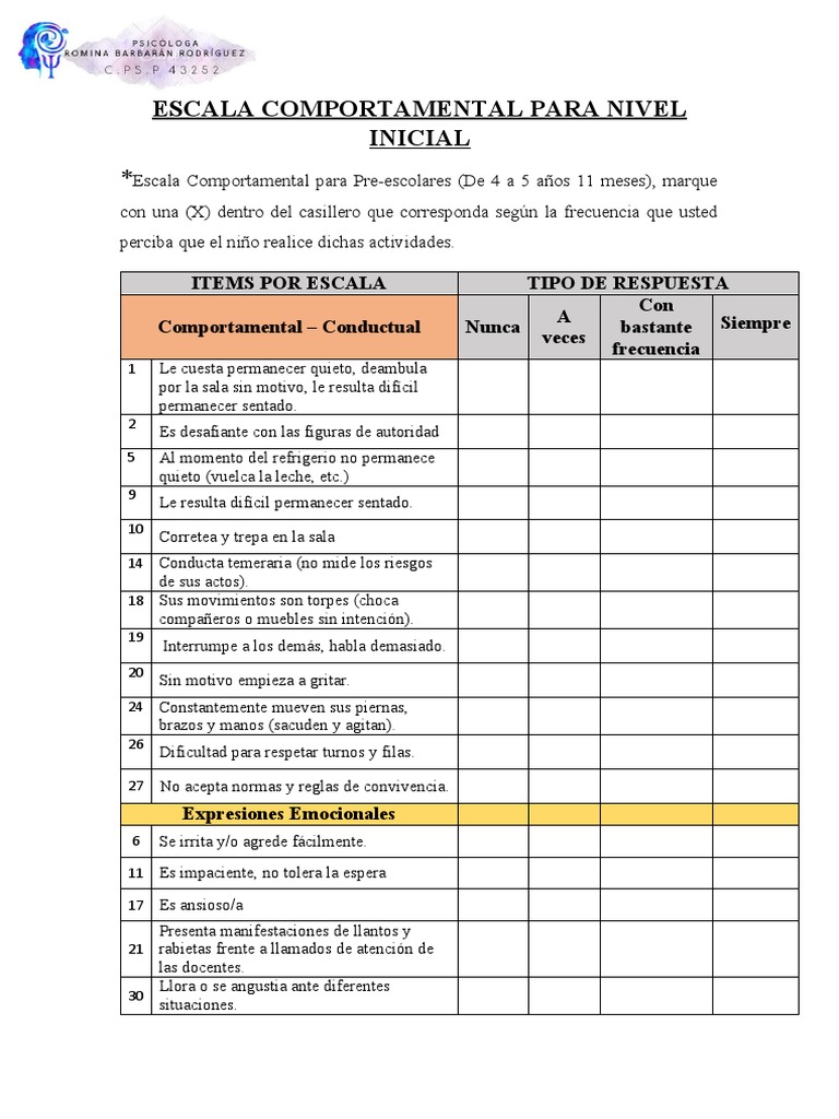 Escala Comportamental para Nivel Inicial | Descargar gratis PDF | Sicología