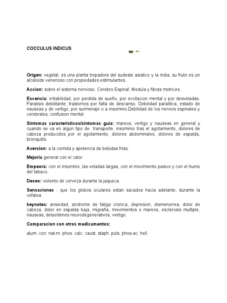 Cocculus Indicus: Efectos y Síntomas | PDF