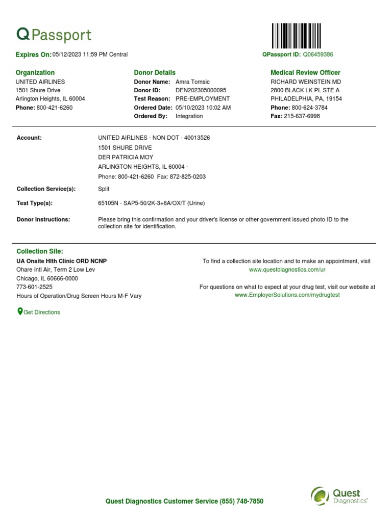 QPassport Drug Test Details for United Airlines | PDF