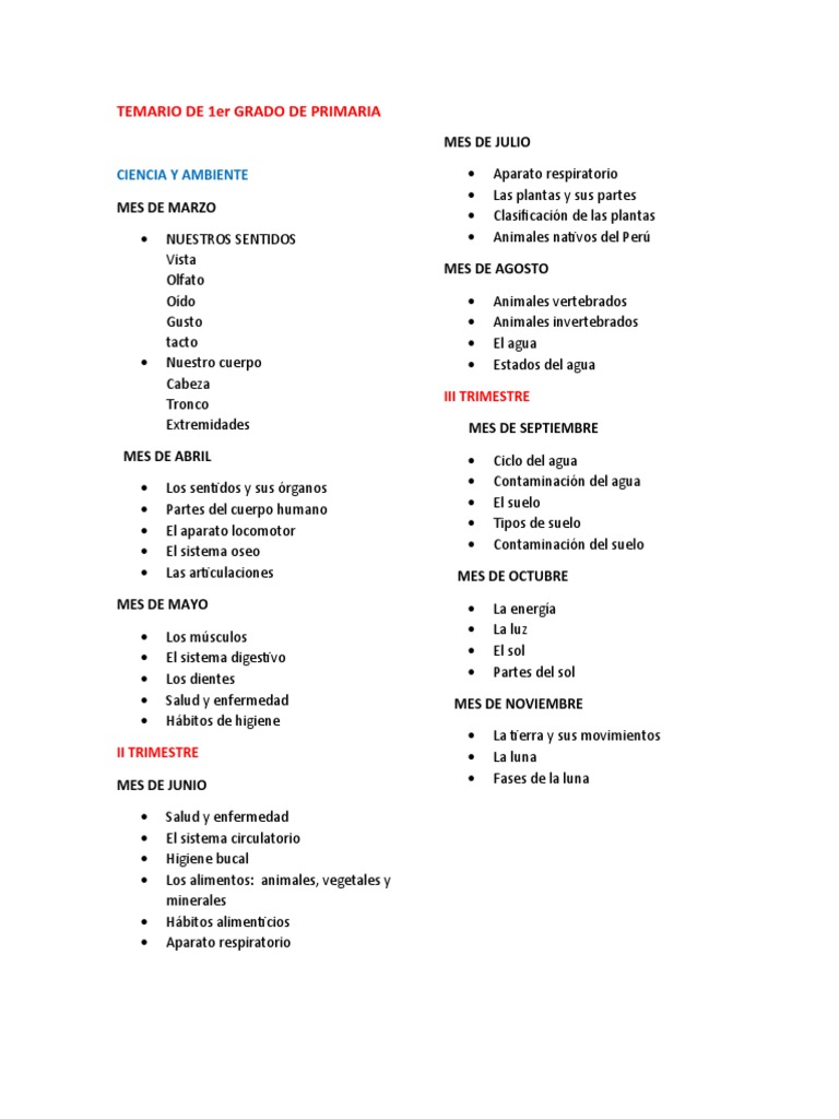 Temario Ciencia 1er Grado Primaria | PDF