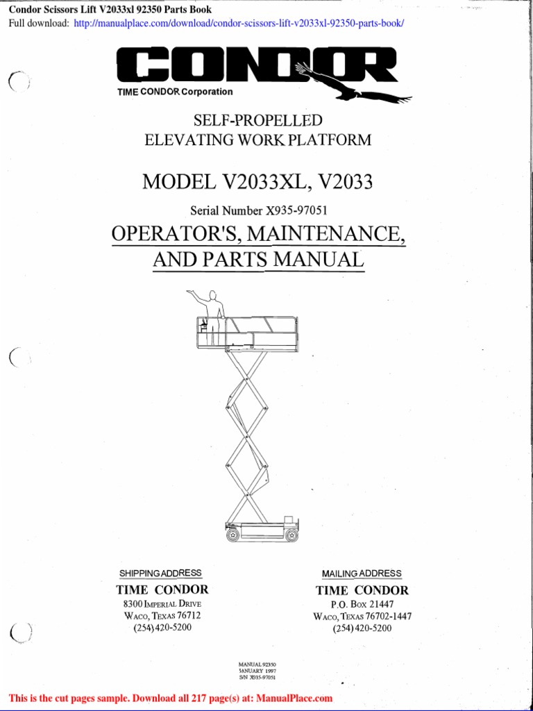 Condor Scissors Lift v2033xl 92350 Parts Book | PDF | Elevator | Forklift