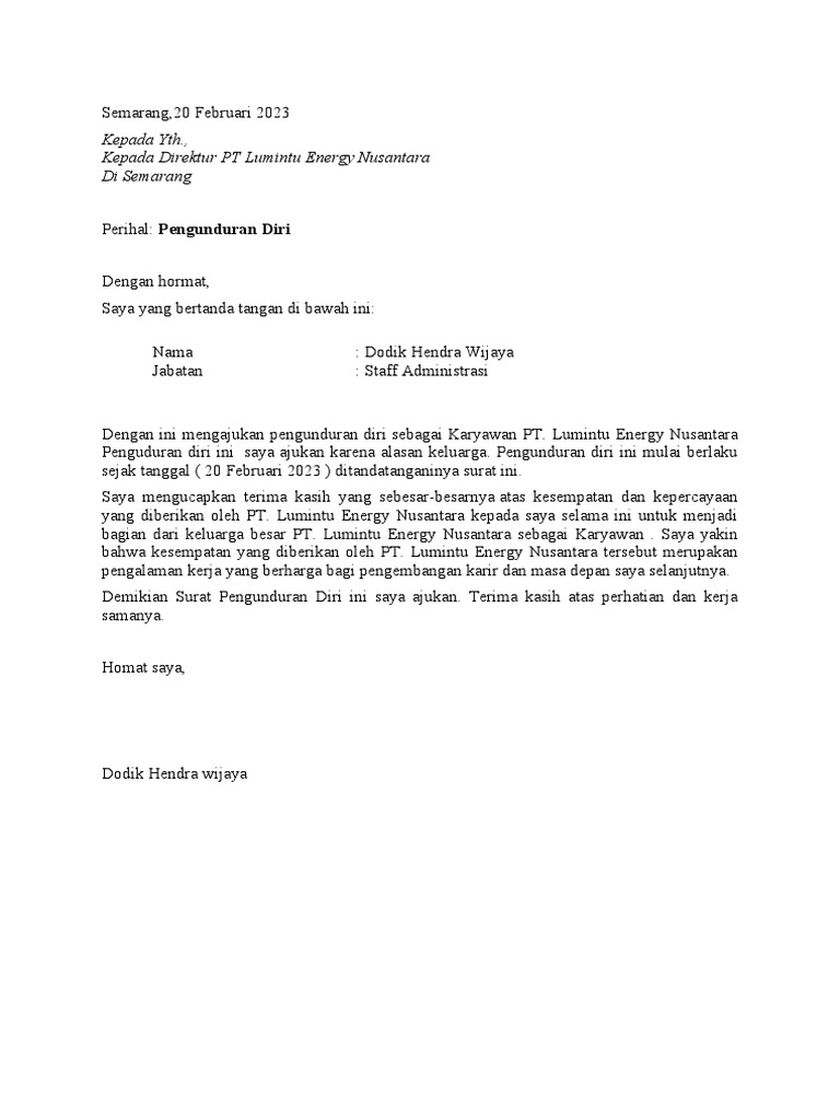 Contoh Surat Pengunduran Diri Simple | PDF