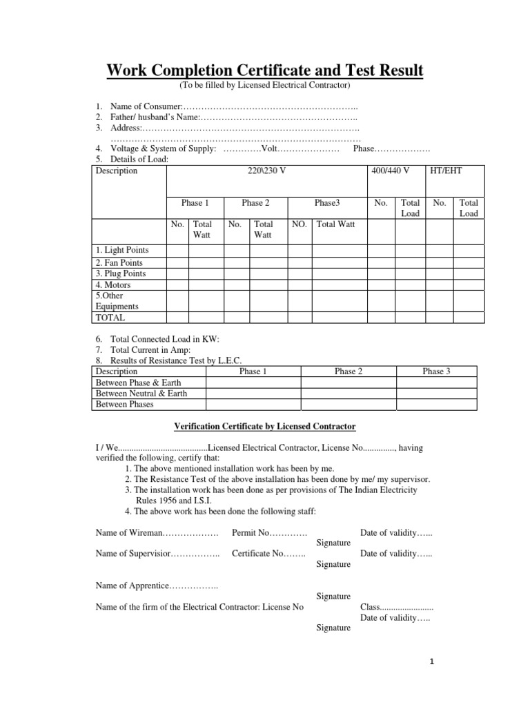 Work Completion & Electrical Fitting Certificate | PDF | Watt | High ...