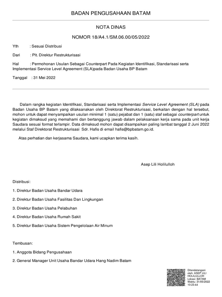 Badan Pengusahaan Batam: Nota Dinas NOMOR 18/A4.1/SM.06.00/05/2022 | PDF
