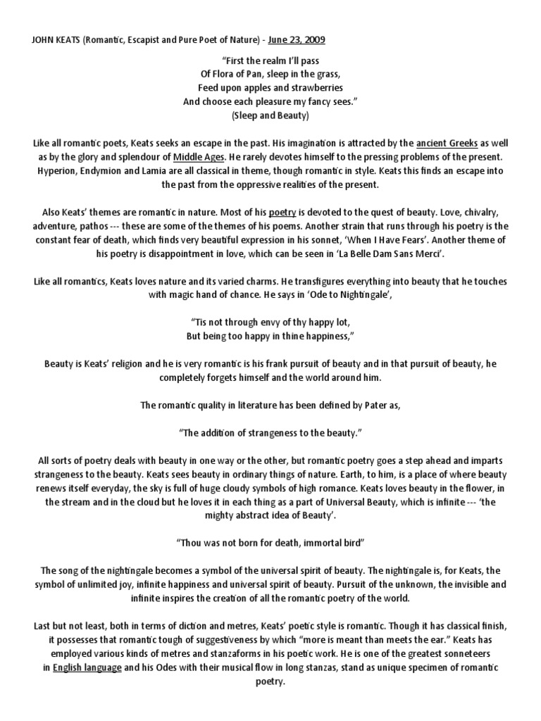 JOHN KEATS (Romantic, Escapist and Pure Poet of Nature) PDF John