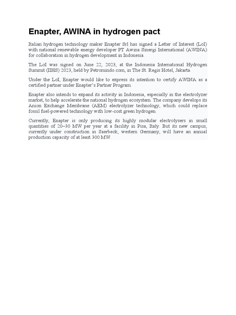 Enapter and AWINA Hydrogen Partnership | PDF