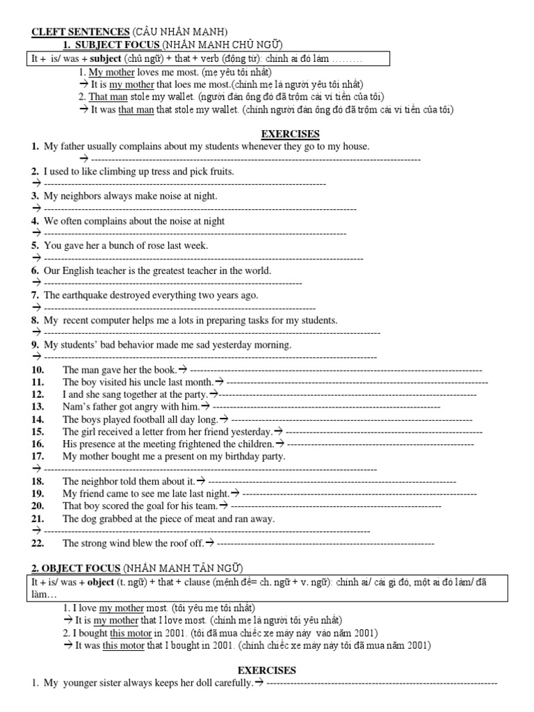 Cleft Sentences Exercises for Grade 11 | PDF