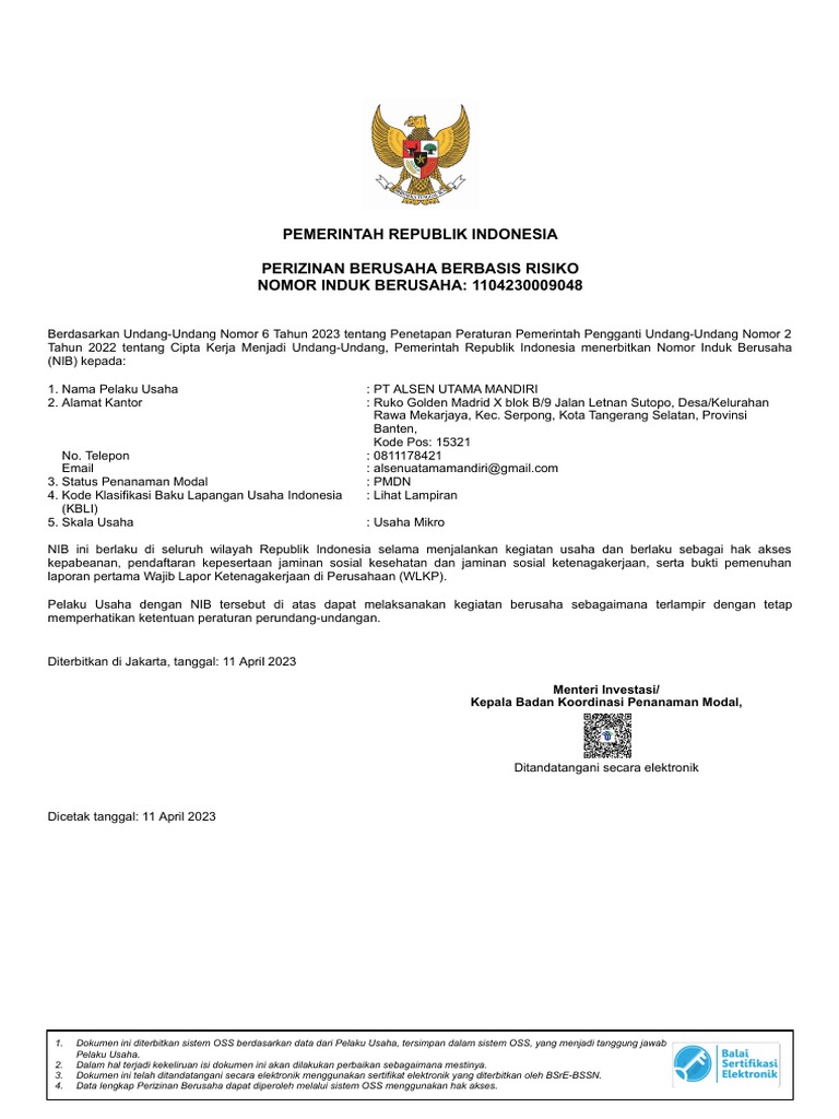 Nib (Pt. Alsen Utama Mandiri) | PDF