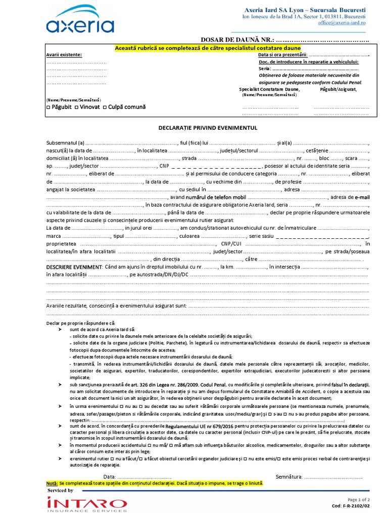 Declaratie Sofer - Accident in Romania - AXERIA | PDF