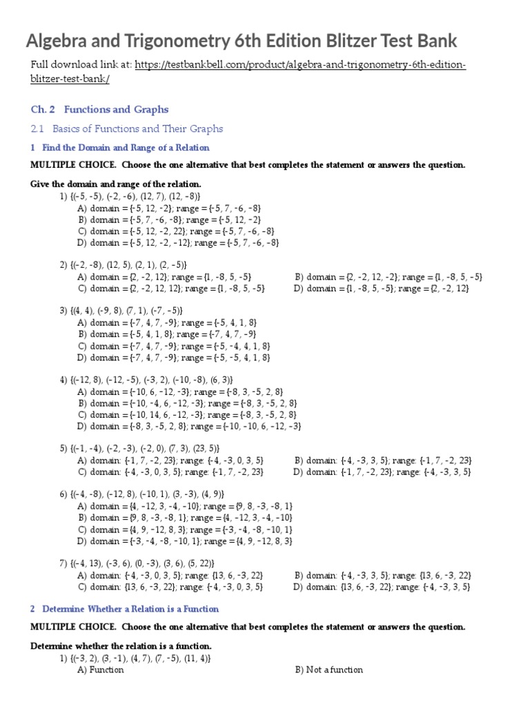 Algebra and Trigonometry 6th Edition Blitzer Test Bank PDF Function