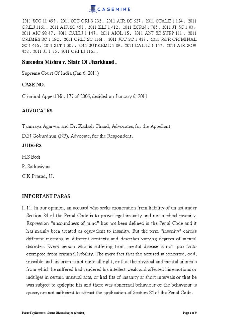 Surendra Mishra v. State of Jharkhand | PDF | Insanity Defense | Burden ...