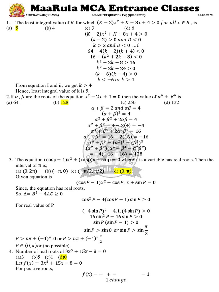 All nimcet pyss question quadratic solution pdf quadratic equation