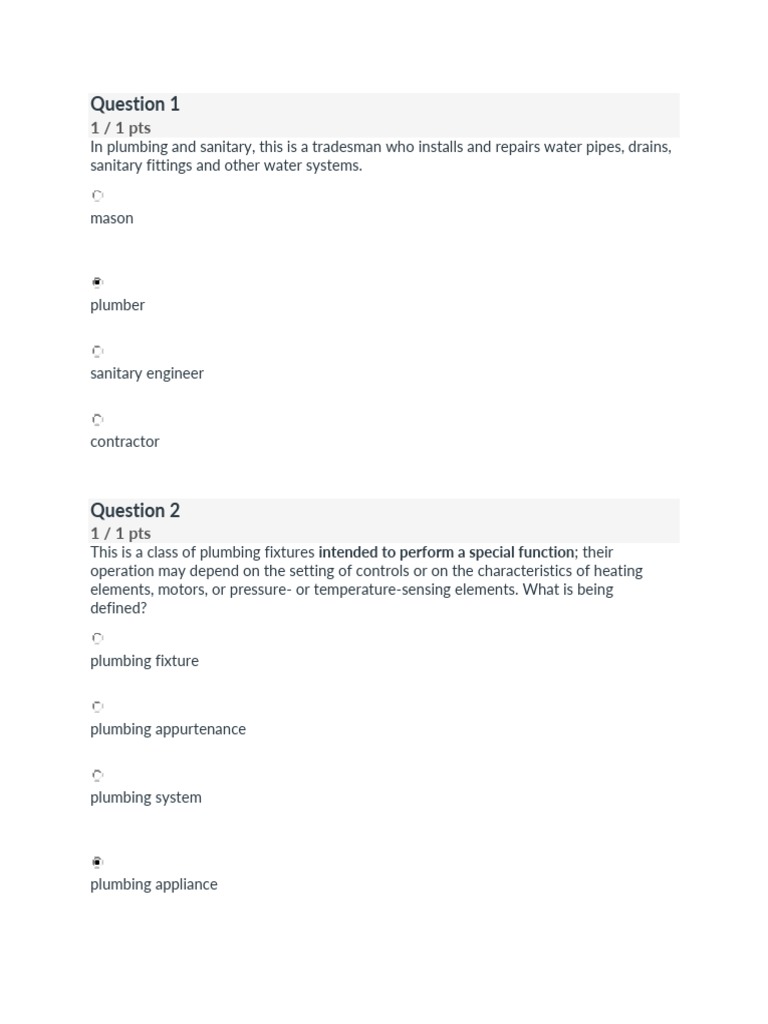 Practice Quiz Plumbing and Sanitary PDF Plumbing Valve