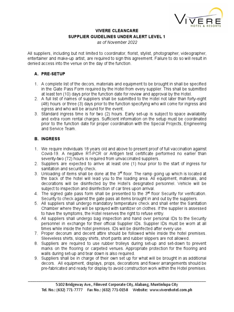 VivereCleanCareSuppliersGuidelinesunderAlertLevel1asofNov