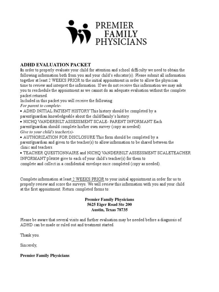 ADD Packet With Vanderbilt Assessments | PDF | Individualized Education ...