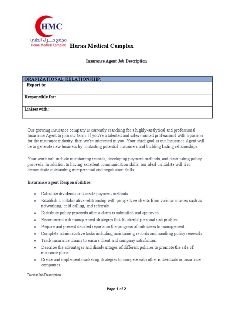 Insurance Job Description | PDF | Insurance | Employment