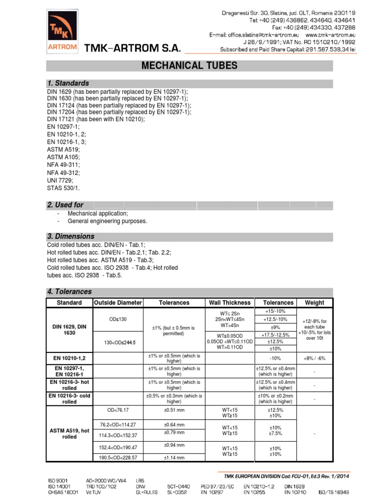 Mechanical Tubes Standards and Specs | PDF | Engineering Tolerance ...