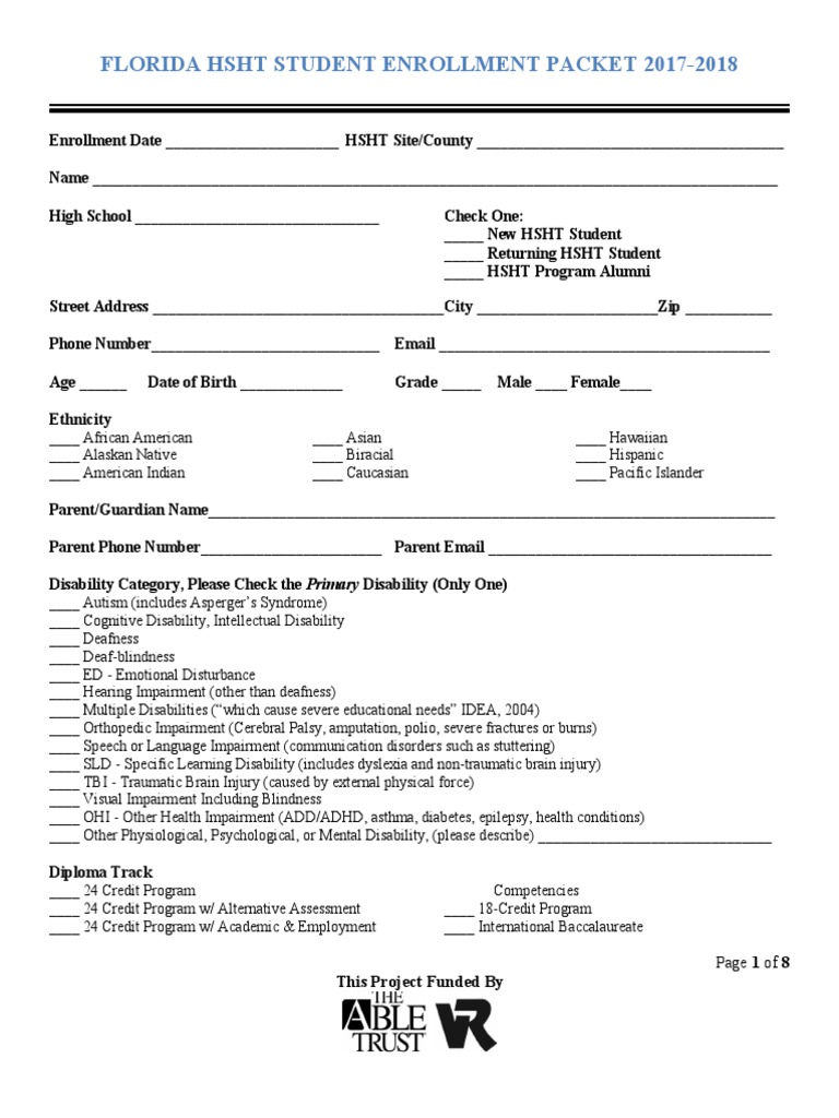 Florida HSHT Student Enrollment Packet | PDF | Disability | School ...