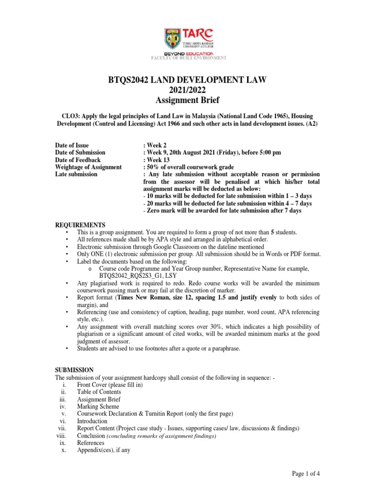 BTQS2042 Land Development Law Group Assignment and Marking Scheme PDF