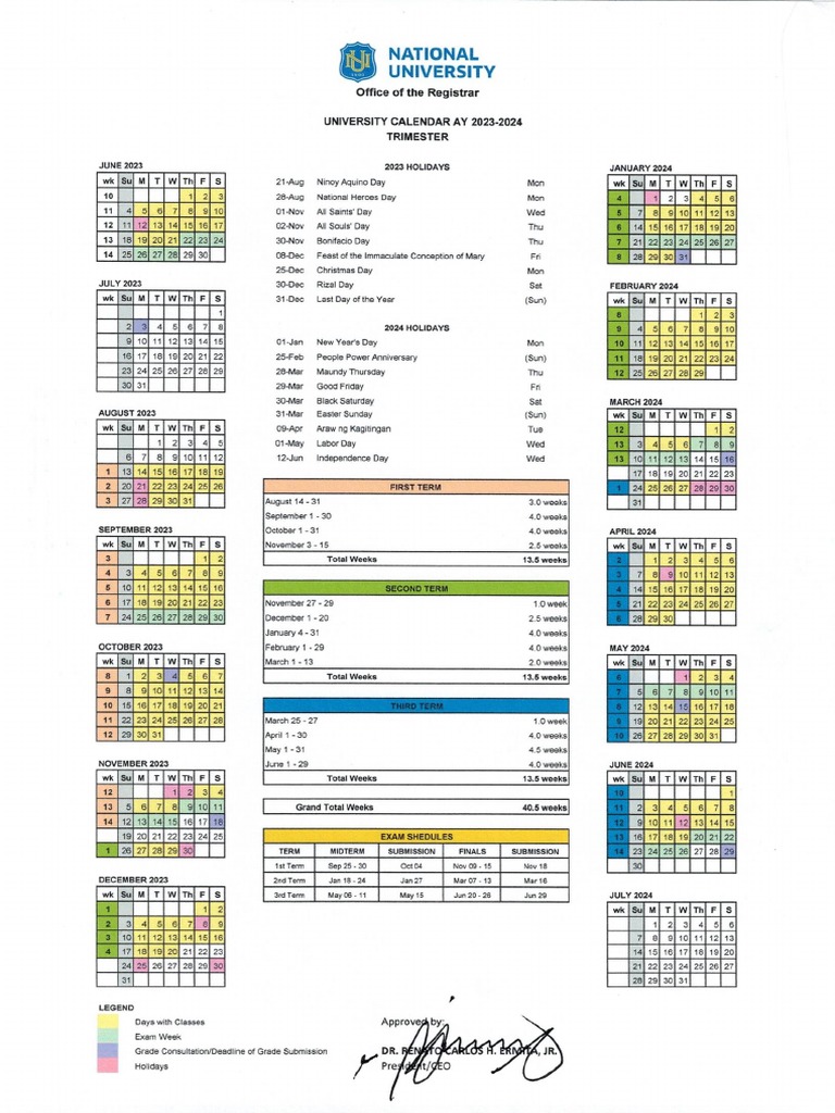 NU Detailed School Calendar AY 20232024 Term 1 (COLLEGE) PDF