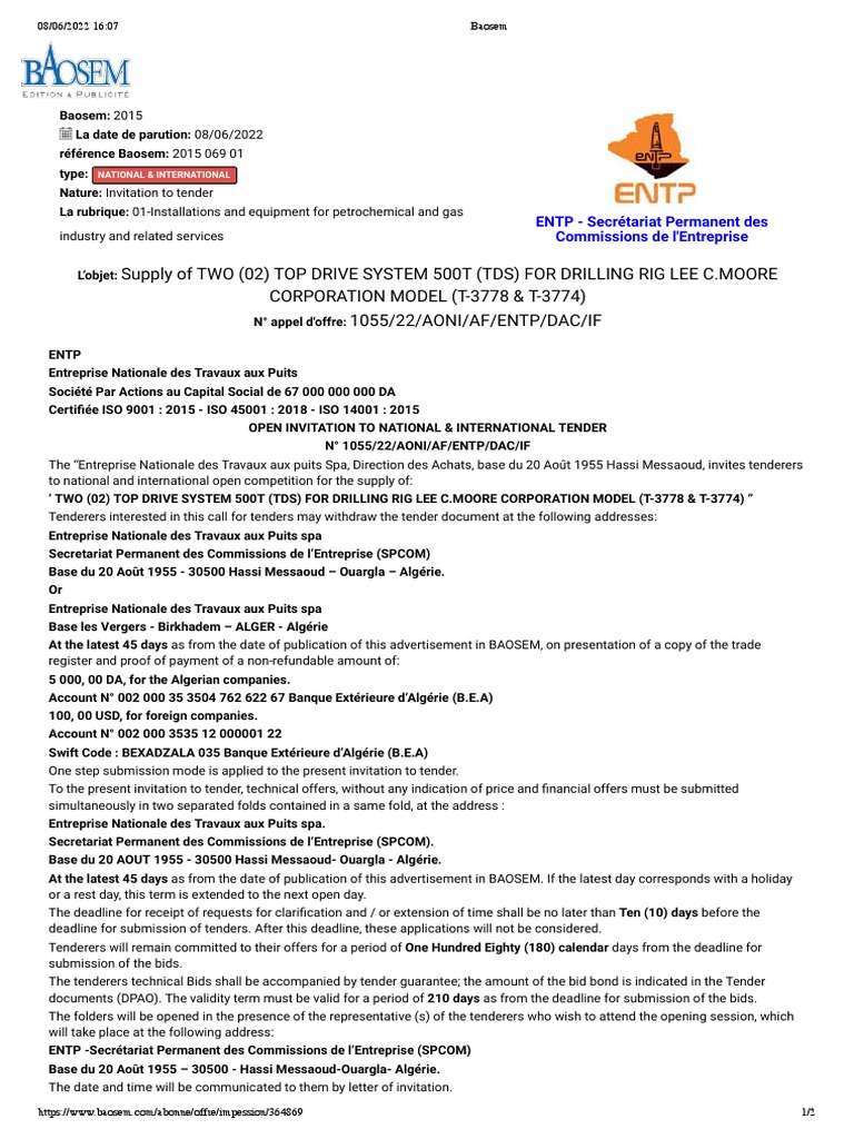 Supply of Two (02) Top Drive System 500T (TDS) For Drilling Rig Lee C ...
