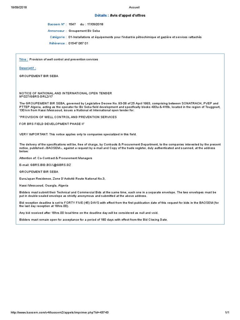 Tender for Well Control Services in Algeria | PDF | Supply Chain ...