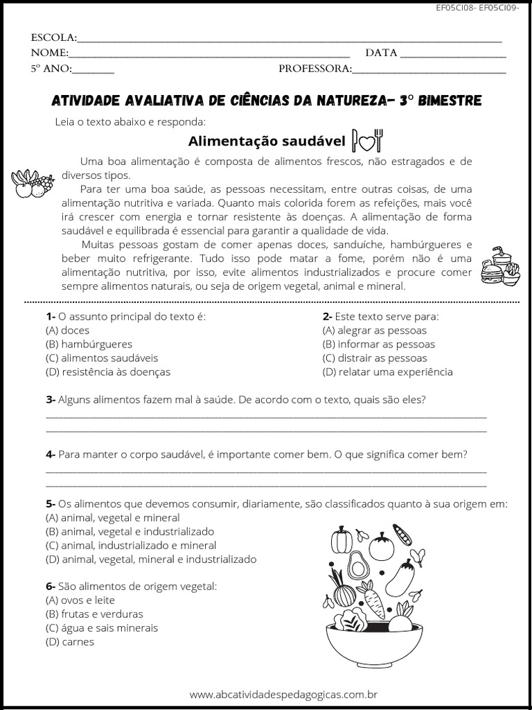 Atividades sobre Alimentação Saudável 5º Ano | PDF | Alimentos ...