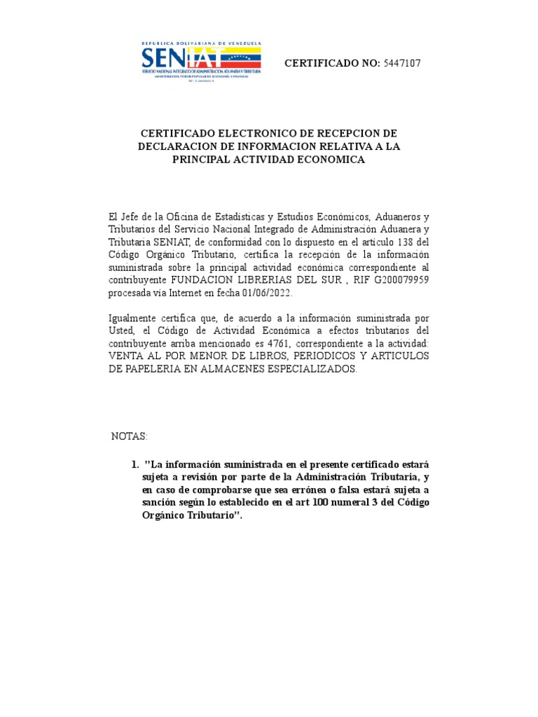 Certificado De Actividad Economica Pdf