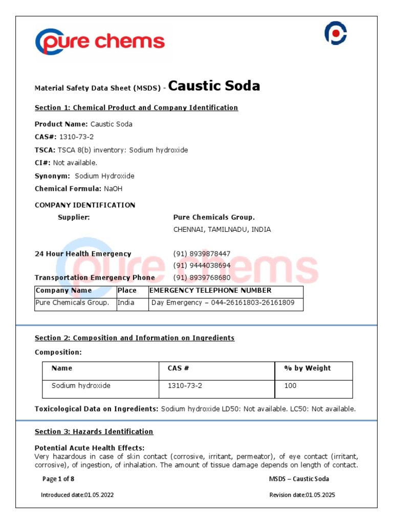 SDS Caustic Soda PDF Sodium Hydroxide Sodium