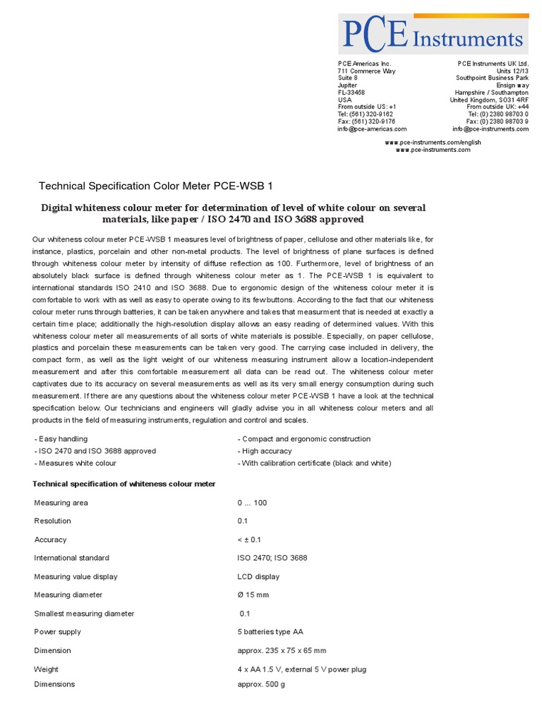 Datasheet Color Meter Pce WSB 1 | PDF | Measurement | Accuracy And ...