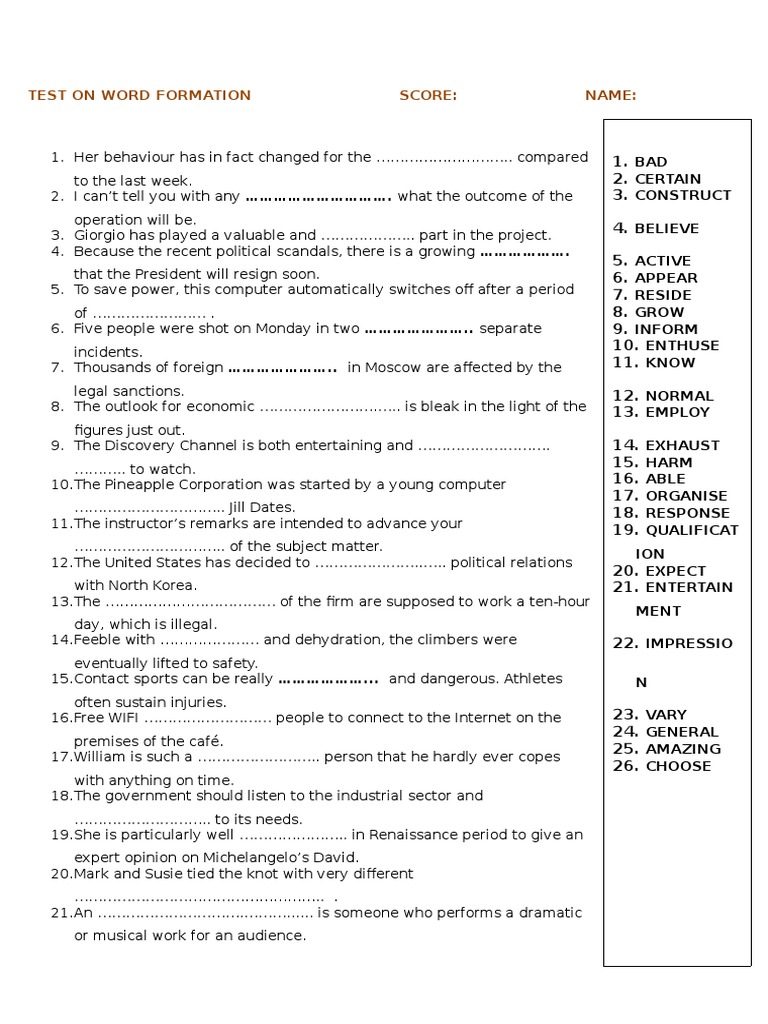 Word Formation Test Exercises | PDF | Diseases And Disorders
