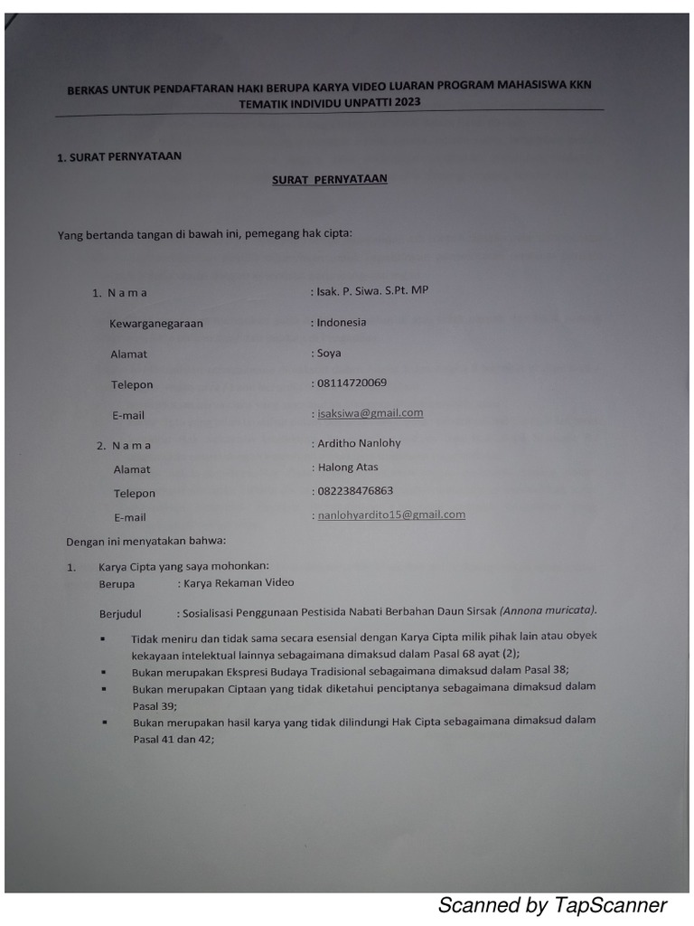 Surat Pernyataan Hak Cipta - Arditho Nanlohy | PDF