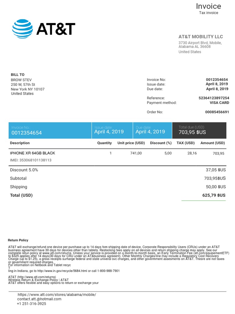 AT&T Invoice and Return Policy Details | PDF | At&T Mobility | Receipt