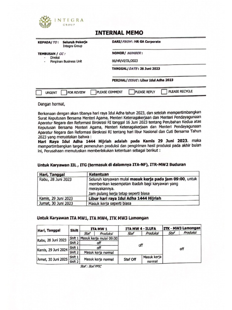 INTERNAL MEMO LIBUR IDUL ADHA 2024 PDF