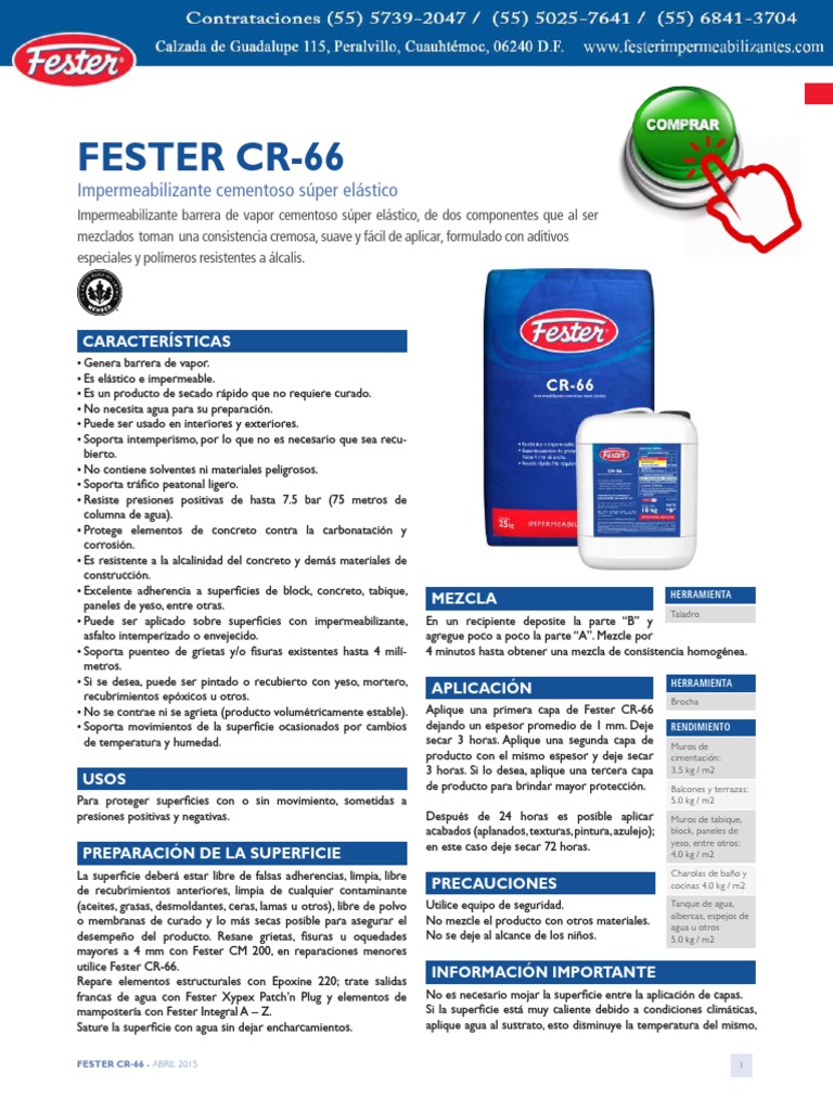 Rendimiento y Ficha Técnica Fester CR-66 | PDF | Hormigón | Agua