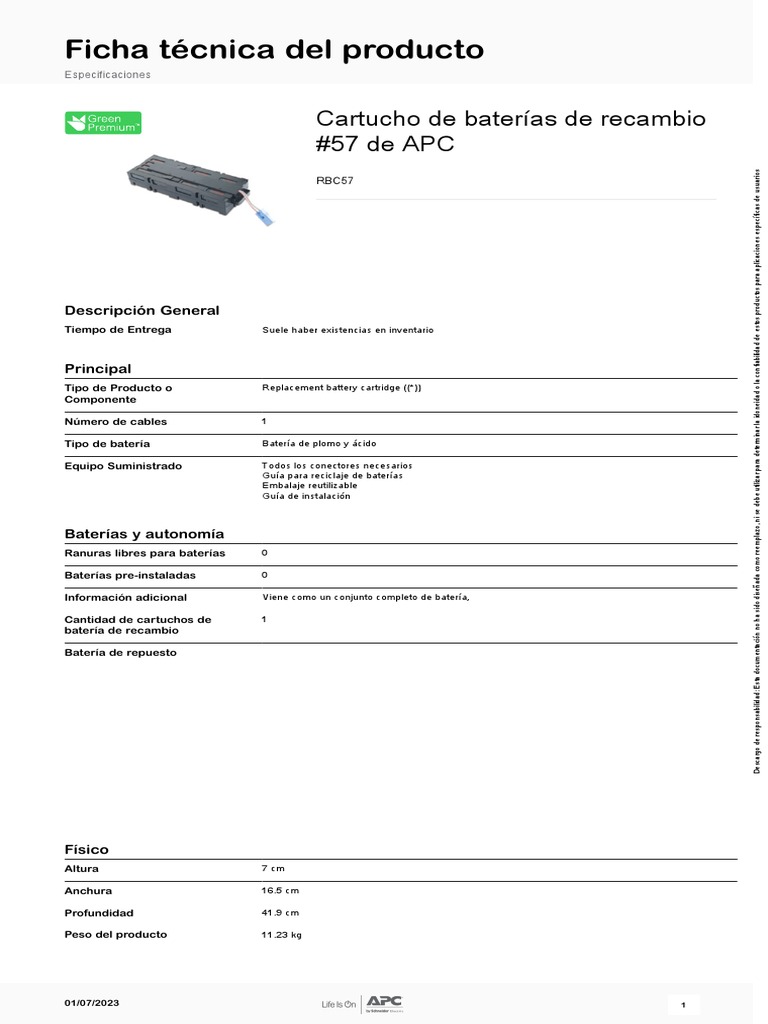 Cartucho de Batería de Repuesto RBC57 | PDF