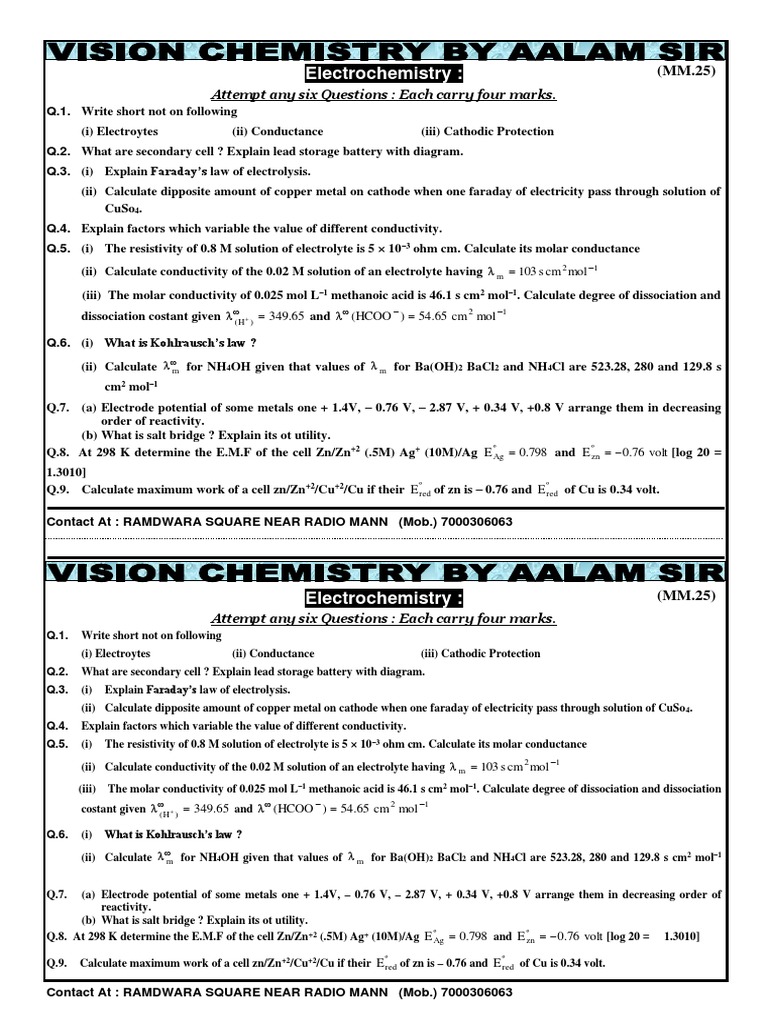 ElectrochemistrySubjective TesT PDF Electrochemistry Electrolyte