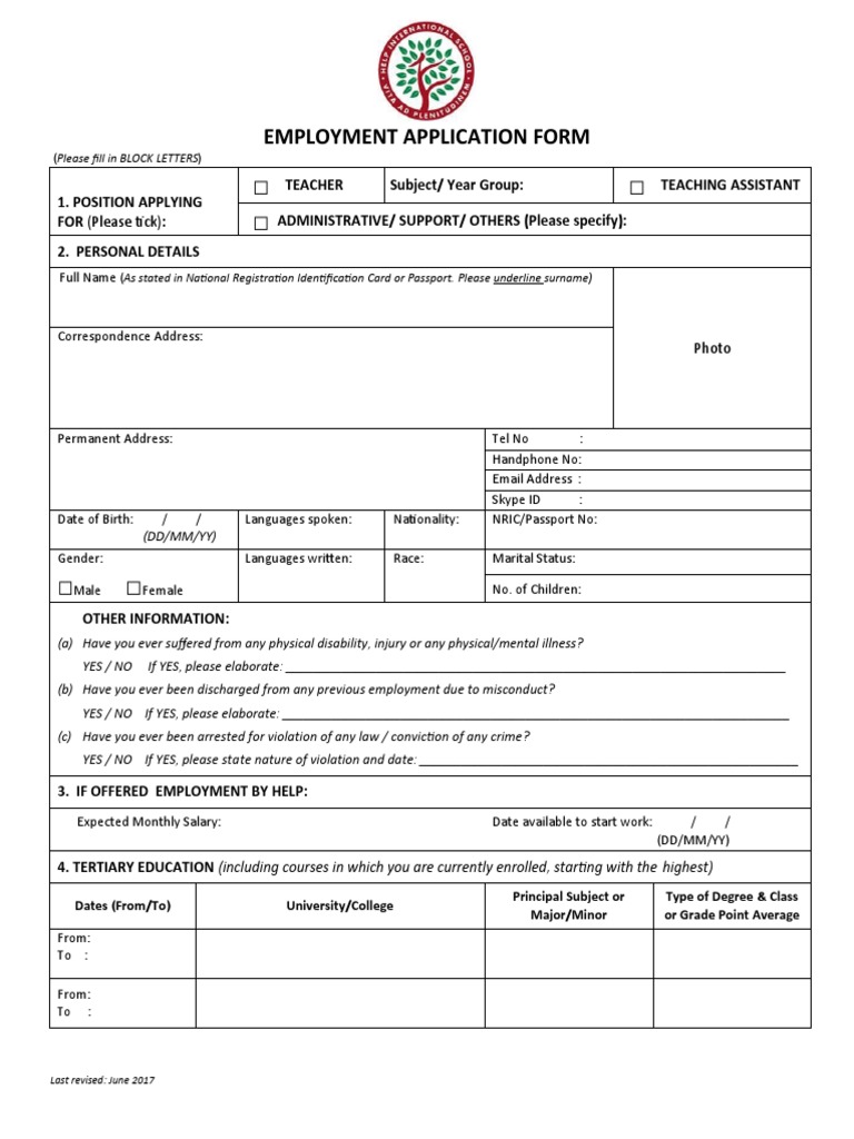 HIS Employment Application Form - 210617 | PDF | Teachers