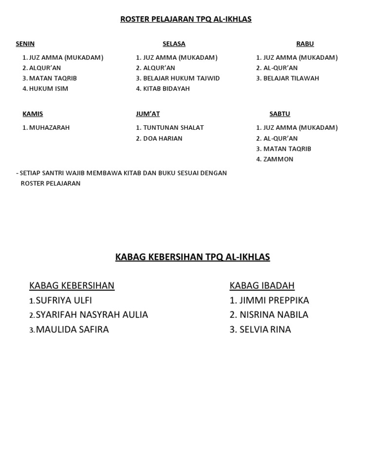 Roster Pelajaran TPQ Al | PDF