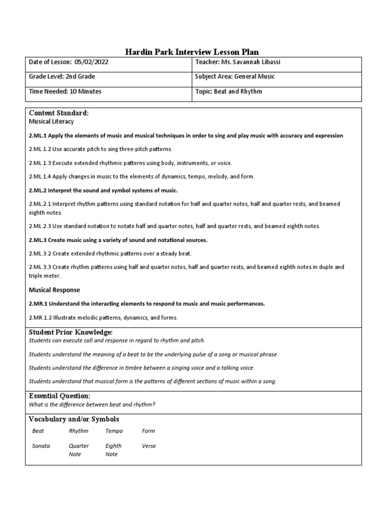 Beat Vs Rhythm Lesson Plan Pdf Rhythm Rubric Academic