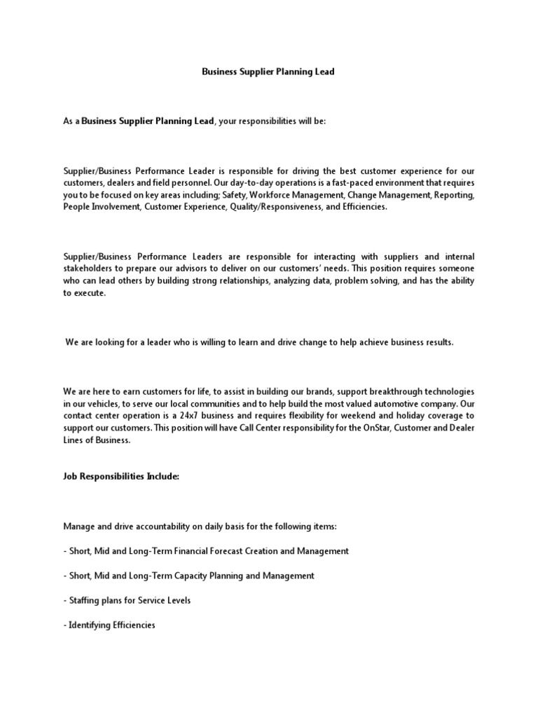 Business Supplier Planning PDF Call Centre Customer Relationship