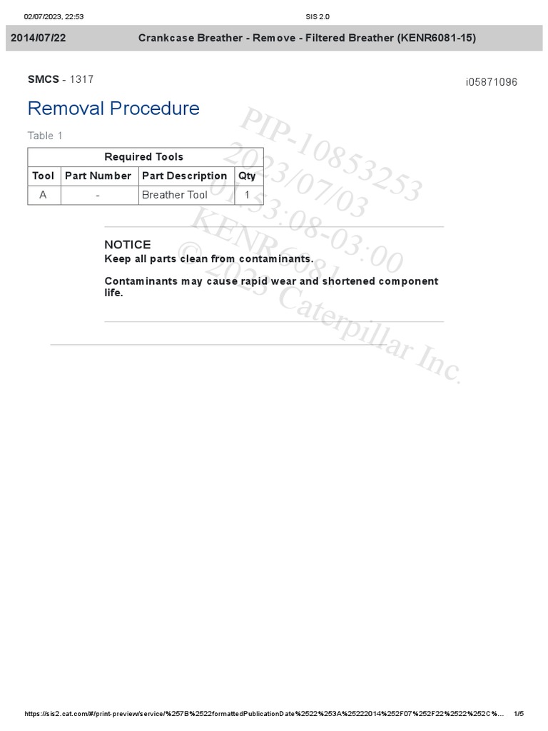Crankcase Breather Remove Filtered Breather (KENR608115) PDF Machines Manufactured Goods