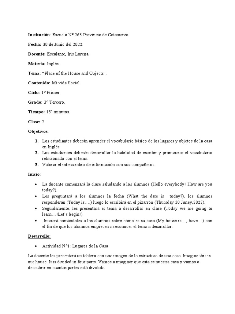 Plan de Clase Ingles Primaria | PDF