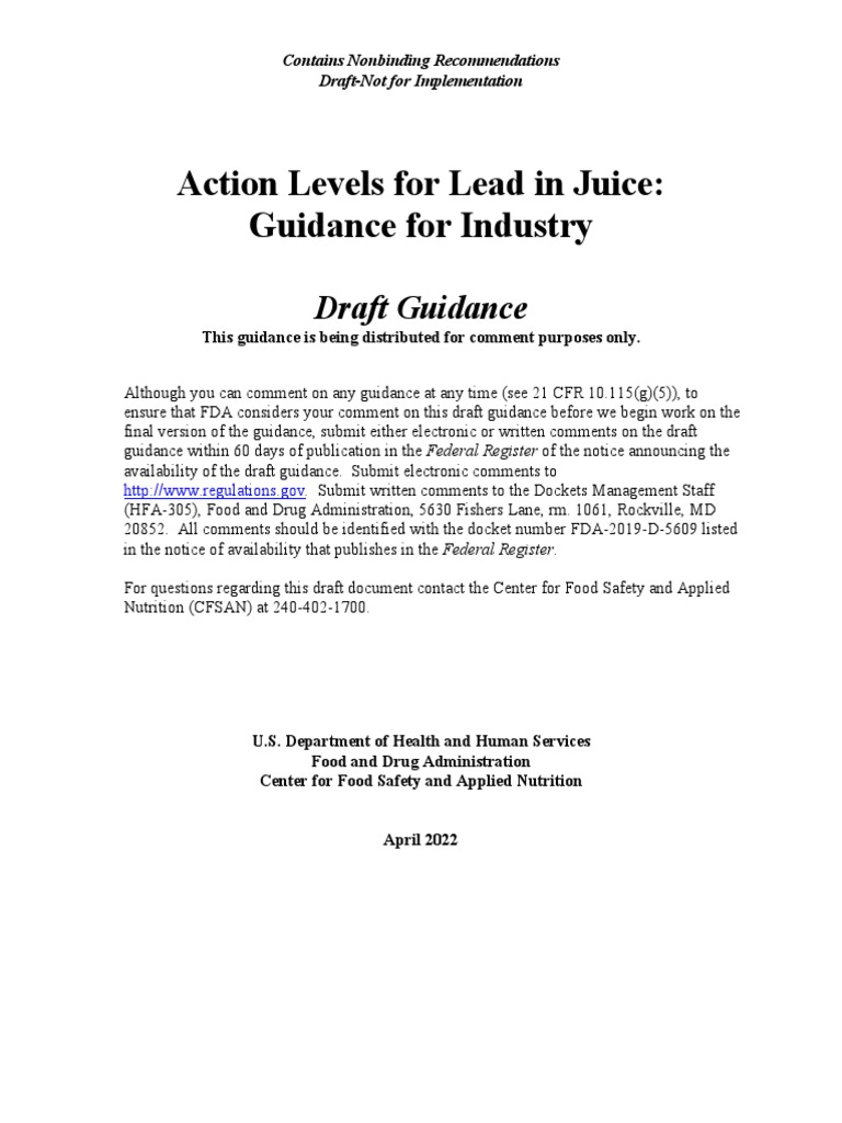 Action Levels For Lead in Juice Guidance For Industry Draft Guidance