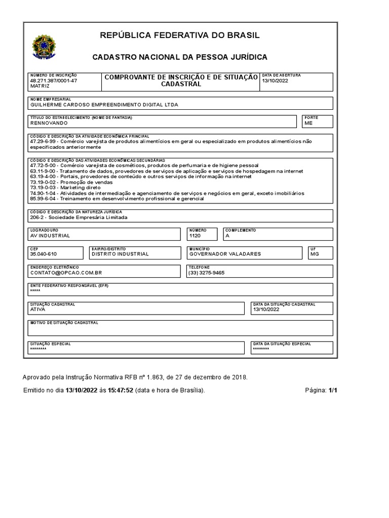 Comprovante CNPJ | PDF | Economias | Business