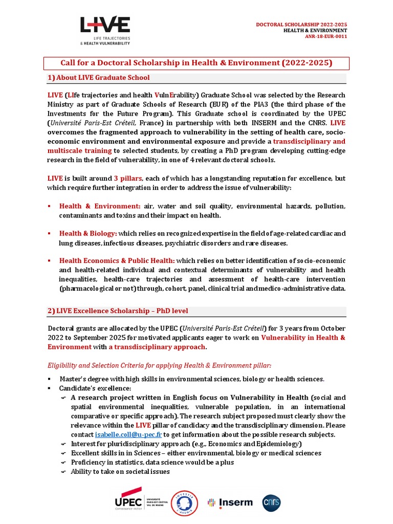 PhD Scholarship in Health & Environment | PDF | Doctor Of Philosophy ...