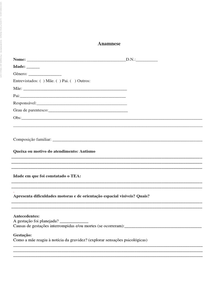 Ficha de Anamnese para Autismo | PDF | Gravidez | Parto
