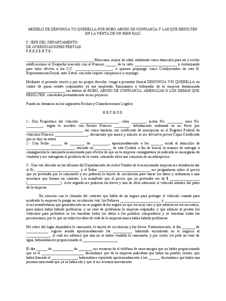Modelo de Denuncia Yo Querella Por Robo Abuso de Confianza y Las Que