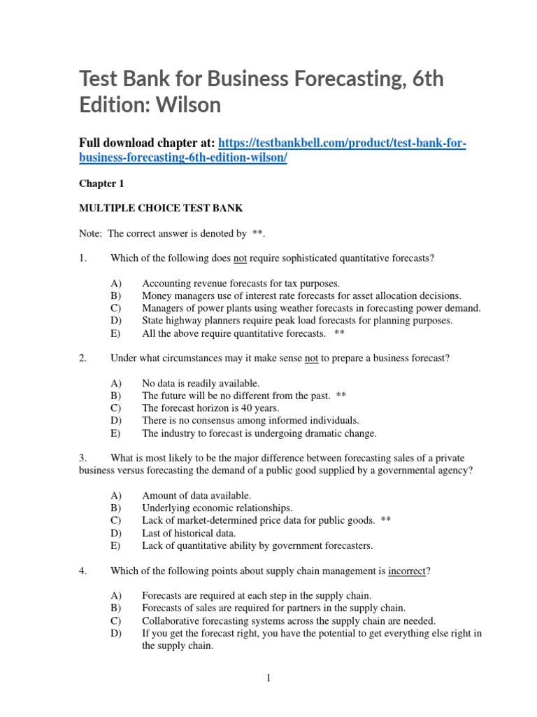 Test Bank For Business Forecasting 6th Edition Wilson PDF