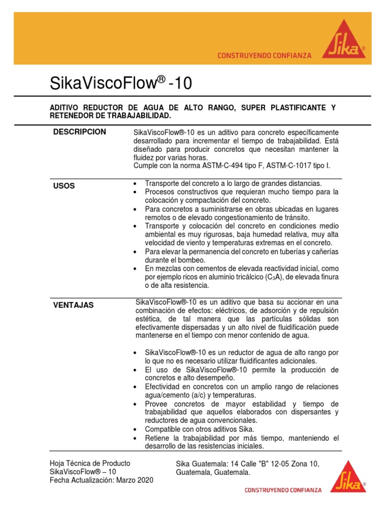 HT Sika ViscoFlow -10 (2) | PDF | Hormigón | Cemento